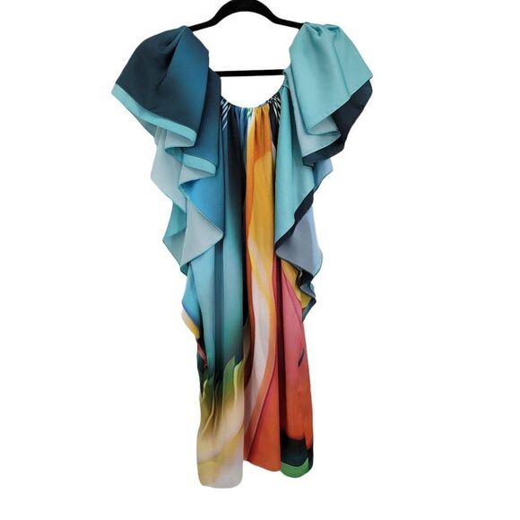 Designer Mary Katrantzou Dress Artsy Unique Rainbow Flutter Sleeve Kaftan 10‎ - Picture 5 of 11